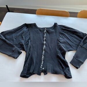 Free People Faded Black Large Fitted Top with Bat-Like Sleeves and MANY buttons!